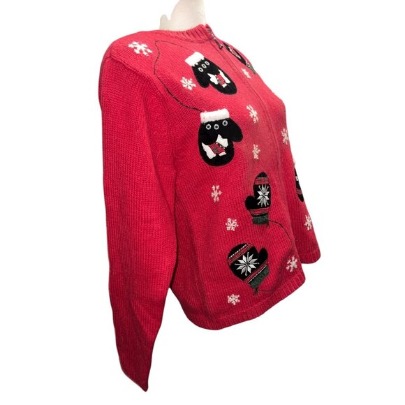 Christmas Winter Wool Cardigan Sweater Medium Red Mitten & Snowflake Design Crof - Picture 4 of 11